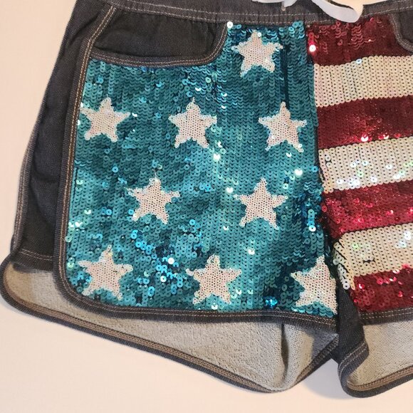 Juicy Couture US Flag Sequin Shorts Patriotic Denim Stretch July 4th USA Medium - Picture 4 of 12